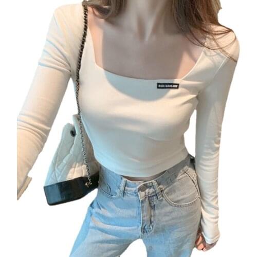 Womens T Shirt Long Sleeve Solid Square-Neck Tees Long Top T-shirt Woman Tshirt Top Tee Shirt Femme CamisetaMujerTshirt Women