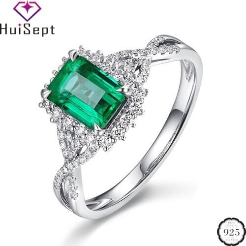 HuiSept 925 Silver Jewelry Ring for Women Rectangle Shape Emerald Zircon Gemstone Classic Ornament Ring Wedding Party Wholesale
