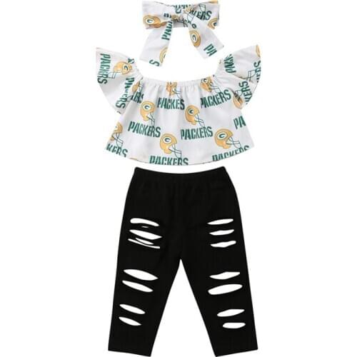 Children Clothing Set Baby Girl Clothes Off shoulder Crop Tops T Shirt Hole Pants Headband Girls Outfits Kids Clothes Set 1-6Y