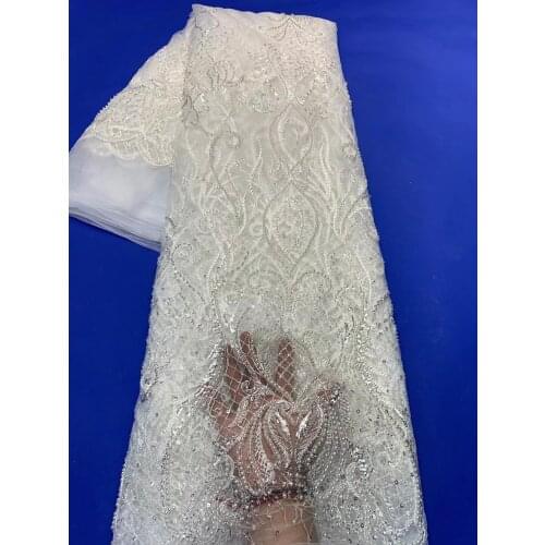 African Lace Fabric High Quality Handmade Bead Lace Fabric Embroidery African Bridal Lace White Sewing Garment Fabric ZX4649