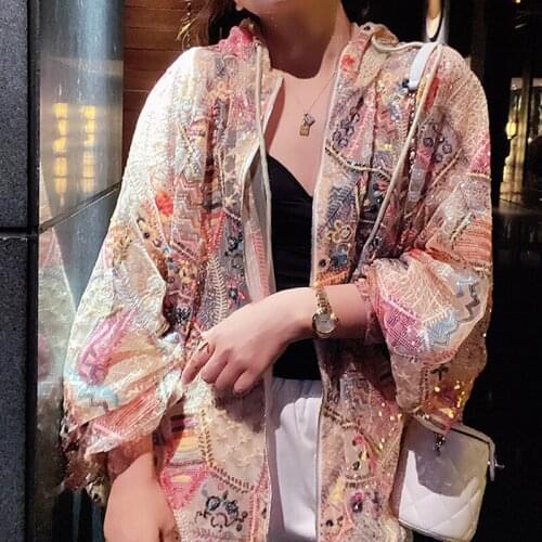 Summer Womens Loose Casual Sequin Embroidery Hooded Coats Lace Straight Long Sleeve High Quality Cardigan Jacket Outerwear