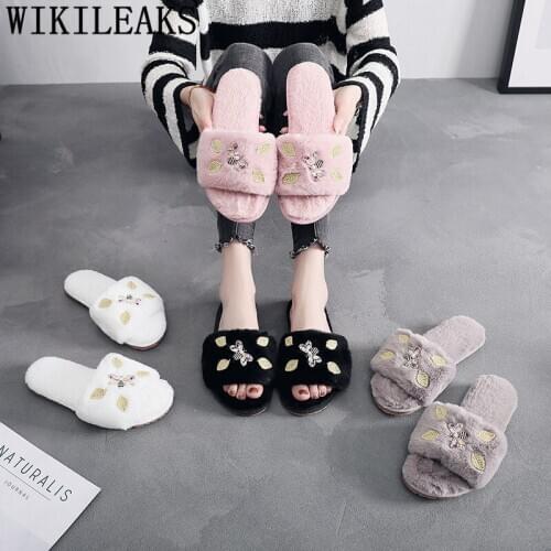 Flat Furry Slippers Flat Shoes Fashion Pink Winter Home Shoes Fuzzy Slippers Indoor Plush Soft Slippers Casual Ladies Shoes Buty