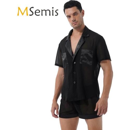 Mens Satin Patchwork Chiffon Male Pajama Set See-through Sissy Nightwear Sleepwear Lapel Short Sleeve Button Tops with Shorts