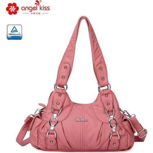 Angelkiss Washed PU Leather Soft Lady Handbag Women Shoulder Bag Tote Purse with Movable and Adjustable Long Shoulder Strap