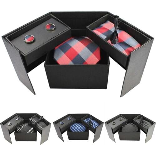 Ricnais Fashion Silk 8cm Tie Set Red Yellow Jacquared Pocket Square Cufflinks Neck Ties Sets For Men Business Wedding Dress Gift