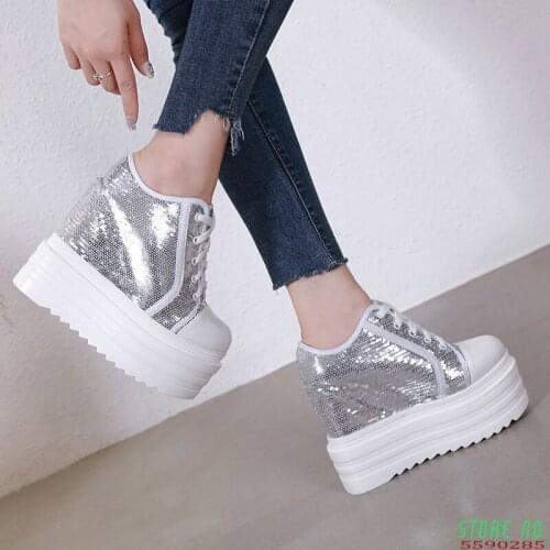 2019 autumn new 14 cm muffin bottom increased womens shoes European and American fashion thick-soled sequined high-heeled shoes
