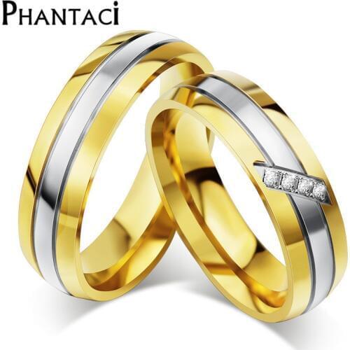 New 316L Stainless Steel Zirconia Couple Rings For Women Men Gold Color Rhinestone Engagement Wedding Ring Female Jewelry