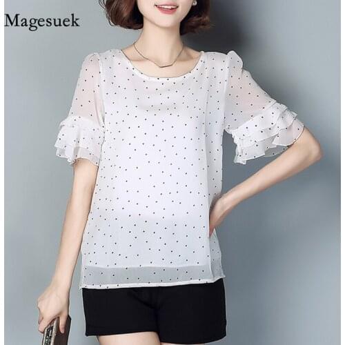 Plus Size 5xl Summer Women Blouses Elegant Casual Short Sleeve Chiffon Shirt New O Neck Polka Dot Tops Female Clothing 4010