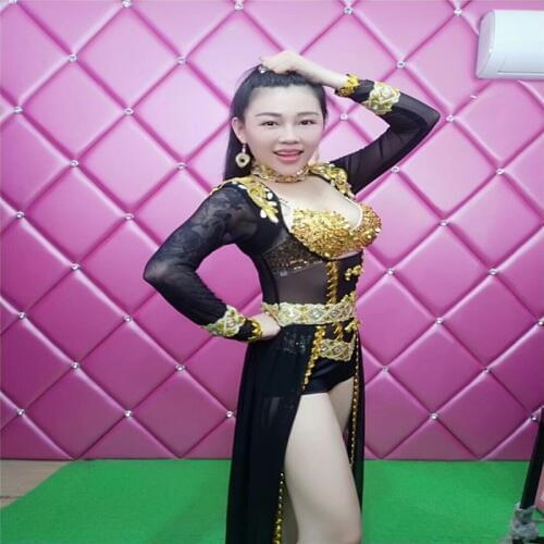 S91 Ballroom dance costumes Black Perspective Bodysuit Trailing Skirt Sparkly Sequins Stage Outfit catwalk performance dresses
