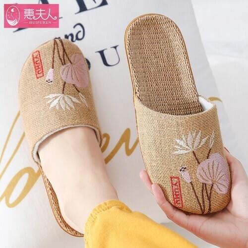 New Slippers Summer Casual Slides Women Men Flax Slippers Chinese Embroidery Flowers Platform Sandals Flip Flops Lovers Indoor