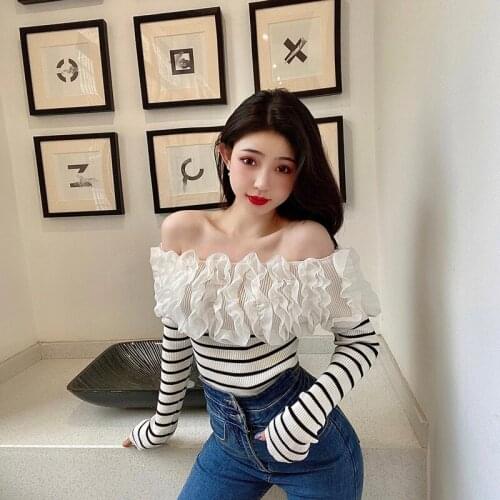 Ruffles Slash Neck Knitted Sweater Women Spring Autumn Winter Korean Long Sleeve Pullover Female Jumper White Party Knitwear