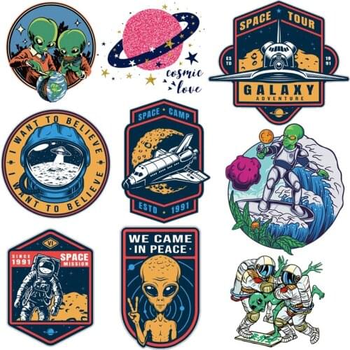 Alien UFO Heat Transfer For Clothing Iron On Astronaut Transfers For Clothes Space Thermal Sticker Applique For Washable T-shirt