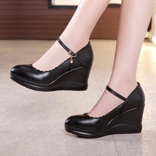 2019 high-heeled wedge with single shoes autumn womens shoes shallow mouth pointed waterproof platform wedge with work shoes