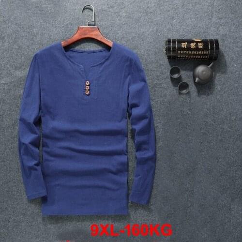 Men linen tshirt long sleeve antumn cotton Plus size big 2XL 5XL 6XL 7XL 8XL 9XL casual vintage japan style t-Shirt V-neck