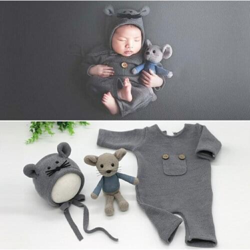 3 Pcs/Set Newborn Photography Props Suit Knitted Cotton Jumpsuit Hat Mouse Doll Infant Photo Shooting Clothes Outfits