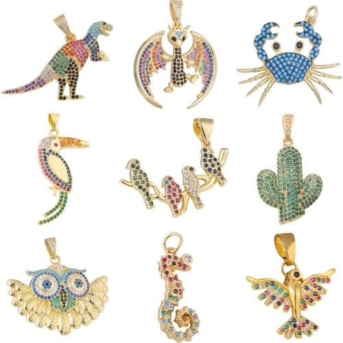 Vintage Copper Zirconia Animals Charms Vivid Dinosaur Owl Crab Charm Pendants For DIY Necklace Earrings Findings Jewelry Making
