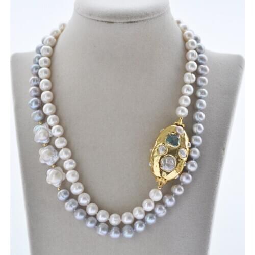 Z10786 2Row 18" 45mm White Gray Round Flower Pearl Gold-plating Necklace