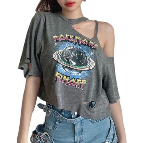 Women’s Casual Short Sleeve T-shirt for Female Fashion Printing Ripped Exposed Navel Loose Pullover Tops