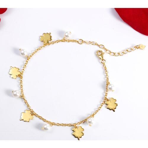 925 Sterling Silver Jewelry Female Gold Four Leaf Clover Pearl Womens Bracelets Accessories for Women Statement Jewel Gift