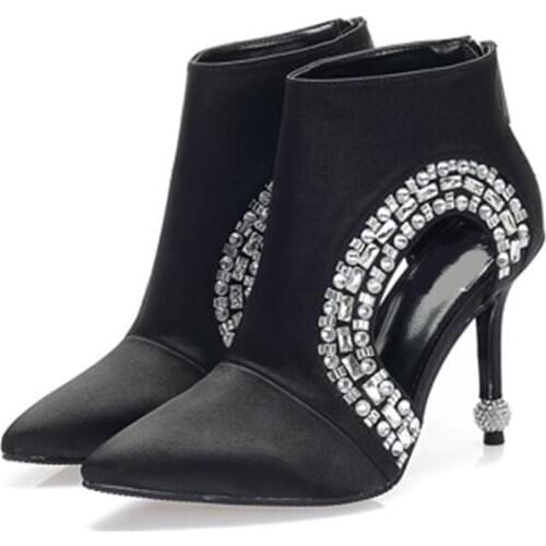 Women Summer Shoes 2018 Crystal Semi-Circular Decoration Thin High Heels Black Boots Pointed Toe Summer Women Dress Pumps