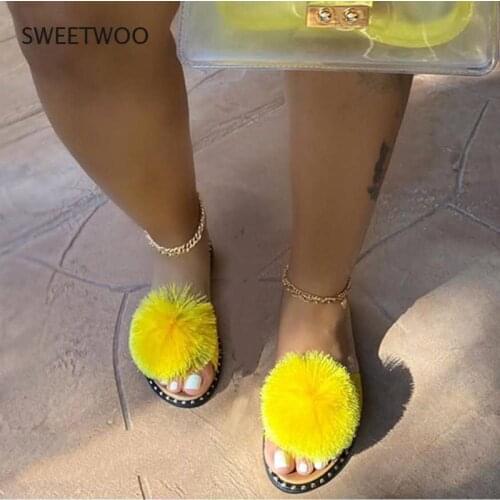 2021 Summer New Women Flat Sandals Open Toe Slippers Outdoor Beach Shoes Cute Hair Ball Fashion Plus Size 43