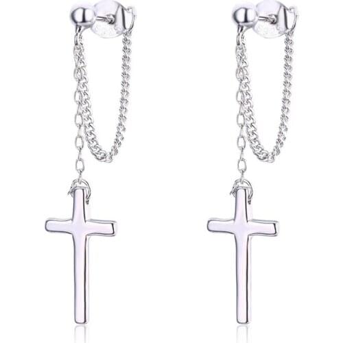 Cute 925 Sterling Silver Drop Cross Charms Pendant Chains Stud Earrings For Women Jewelry Kids Girls Aros Aretes Kolczyki Hiphop