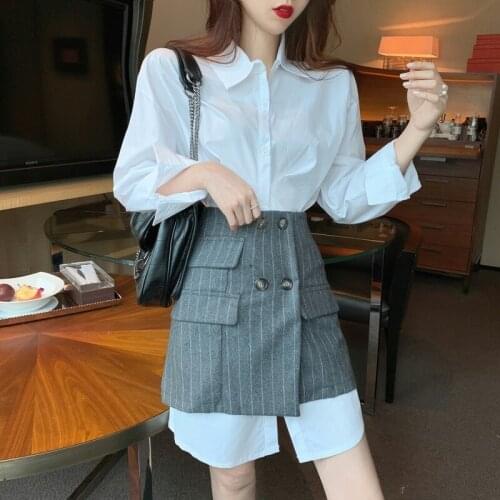 2021 New Korean Style Women Office Clothes Two Piece Set Design Long Sleeve Shirt Mini Dress + High Waist Breasted Skirt Suits