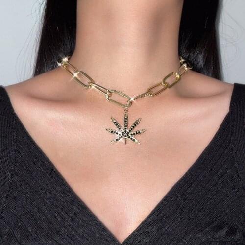 Flatfoosie Trendy New Maple Leaf Crystal Pendant Necklace For Women Gold Silver Color Metal Chunky Choker Necklace 2021 Jewelry