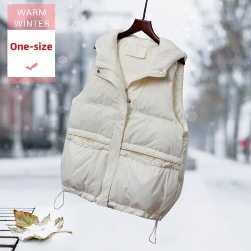 New Women Autunmn Winter Short White Duck Down Vest Female Loose Soft Warm Sleeveless Zipper Coat With Hood Solid Big Pockets
