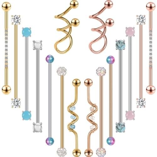 ZS 14G 38mm Industrial Piercing Earring for Girl Women Stainless Steel Long Ear Studs Crystal Helix Cartilage Piercing Jewelry