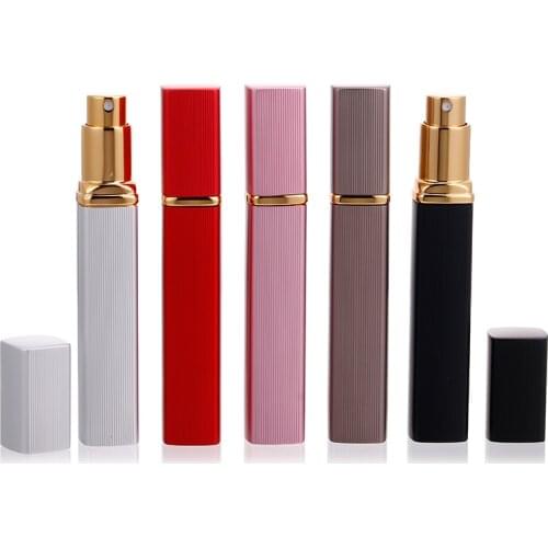 12PCS 6 Color Metal Case Glass Tank Perfume Bottle Aluminum Nozzle Spray Refillable Bottle Parfum Cosmetic Glass Container 12ml