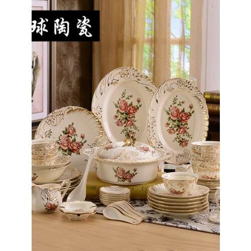 70 European Court bone china tableware sets from the Middle East, pure manual luxury relief gold painted ceramic tableware sets