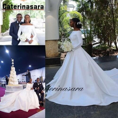 African Arabic Black Girls A Line Satin Long Wedding Dresses New Portrait Neckline Long Sleeves Bridal Gowns Court Train