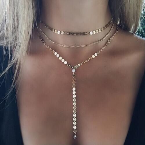 Bohemian Sexy Multilayer Sequins Tassel Rhinestone Pendants Necklace Choker Collar Women Necklace Jewelry Accessories