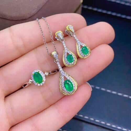 Emerald jewelry set Natural Real Emerald 925 sterling silver 1pc Emerald pendant,1pc Emerald ring,2pcs Emerald Earring