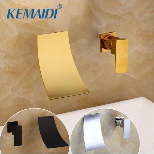 KEMAIDI Black Chrome Waterfall Basin Faucets Wall Mount Waterfall Faucet Single Handle Mixer Tap Bathroom Waterfall Basin Faucet