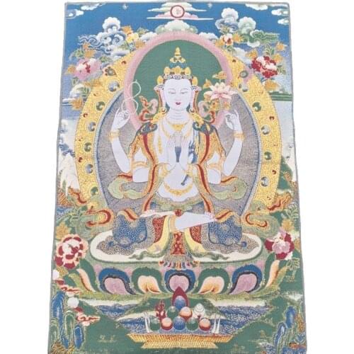 China old Tibet silk Thangka like hanging painting fengshui Tibetan Four arm Buddha