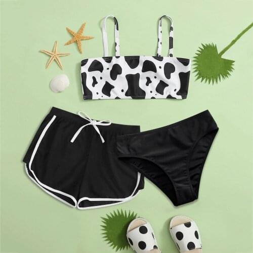 Kids Teenager Girls Cow Floral Swimwear Summer Suspenders Swimsuit Three-piece Bikini Sets Swimming Beachwear Young Girl 8-14 Y