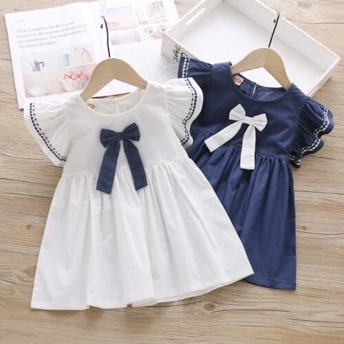 Girls Summer Dress Cute Short Sleeve Cotton Shirt Dresses with Bowknot Blue White Color Baby Kids Clothes Thin O Neck Dresses