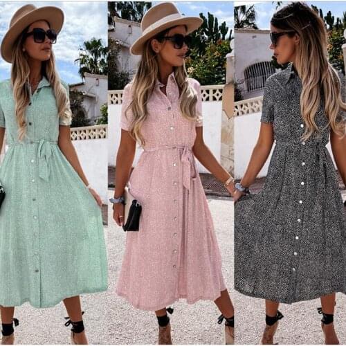 Summer Dress For Women Short Sleeve Button Shirt Dresses With Belt Dot Print Color Autumn Elegant Fashion Female Vestido C2698