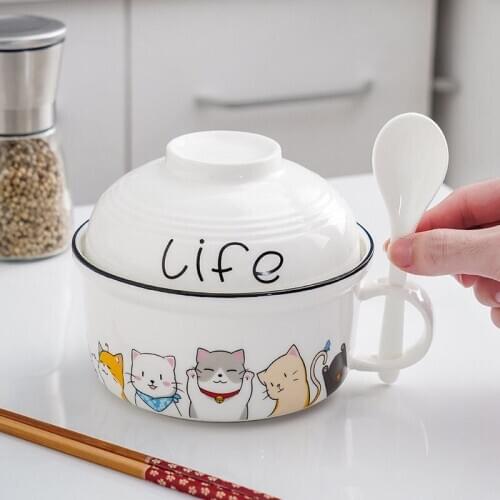 Microwave Available Ceramic Instant Noodle Cup Watchband Cover Tape Handle Cartoon Instant Noodle Bowl