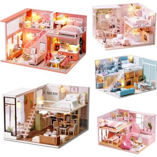 Multiple styles Miniature DIY DollHouse Wooden Doll Houses Dollhouse Furniture Kit Toys for Children New Year Christmas Gift