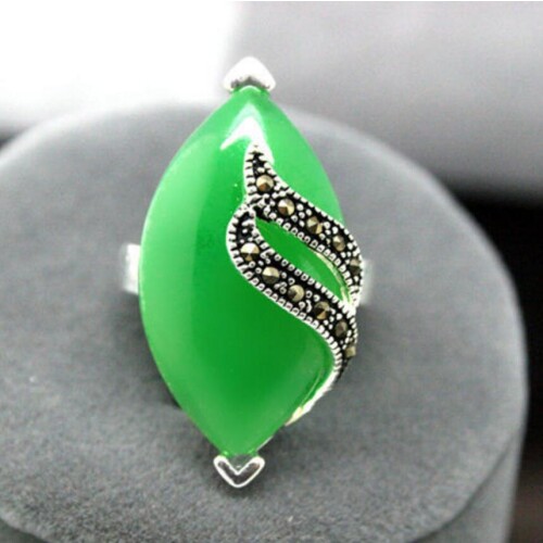 Fashion jewelry grade latest wholesale good wholesale 13mmX29mm Green jade Gem Marcasite 925 STERLING SILVER RIN