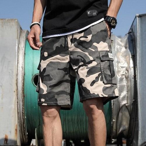 Mens Shorts Cotton Solid Outdoor Camouflage Cargo Shorts Pocket Mid Waist Drawstring For Casual Loose Shorts Men Clothing