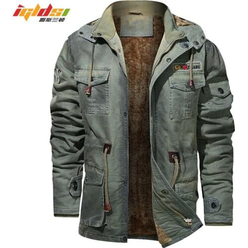 Mens Thick Winter Parkas Washed Denim Jacket Vintage Military Jacket Plus Velvet Male Casual Hooded Padded Outerwear Coats