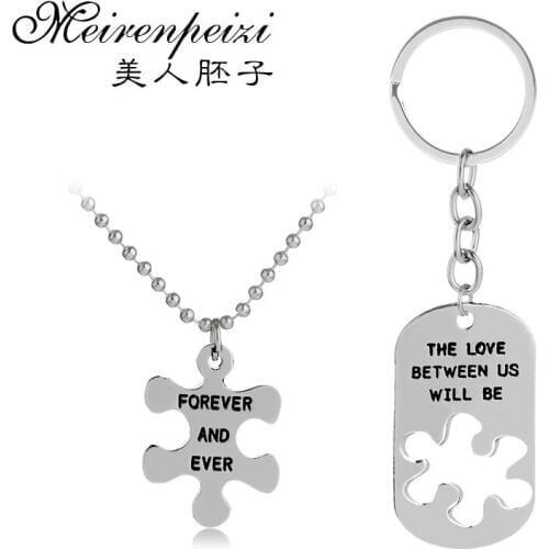 The Love between us will be Forever and Ever Necklace Keychain Set Couples Matching Necklace Personalized Name Initial Puzzle