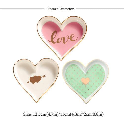 3PCS Ceramic Love Heart Plate Set,Sweet Decorative for Valentines day Girls Women 3 color set love small dish pink green white