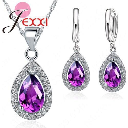 New Cubic Zirconia Jewelry Sets Water Drop Pendants & Necklaces Earring 925 Sterling Silver For Women Red Blue Purple CZ