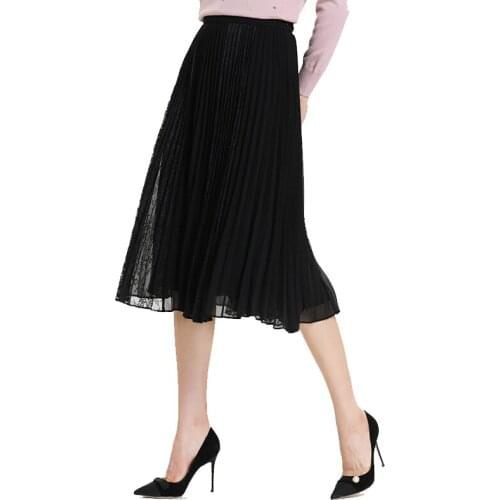 Gowani black elastic waist lace pleated midi skirt