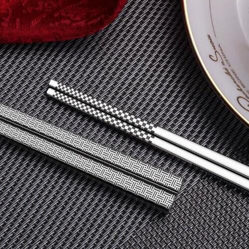 304 Stainless Steel Chopsticks Geometric Pattern 5/10 Pairs Of Anti-Skid And Anti-Scalding Household Hotel Square Chopsticks